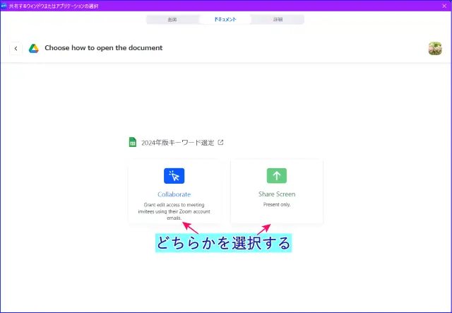 Zoomドキュメント共有の選択