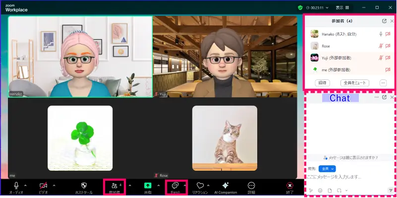 Zoom参加者一覧とチャット表示