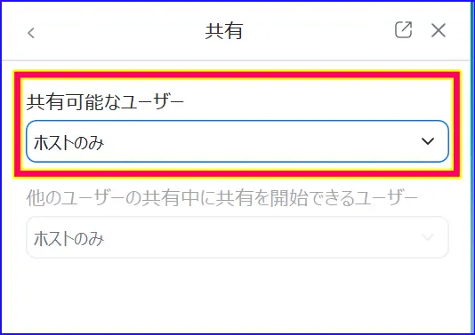 Zoom画面共有リモートサポートONの場合の設定画面