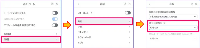 Zoomホストツールからの画面共有ホストのみの設定