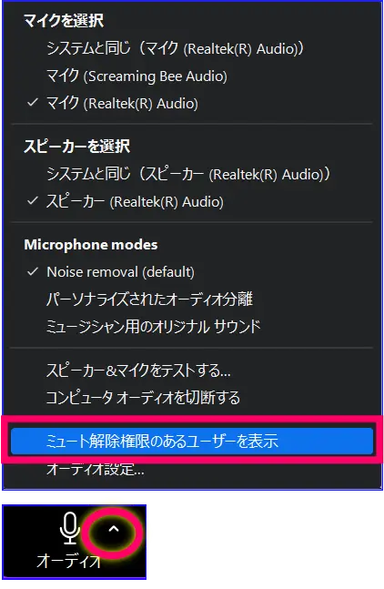Zoomミュート解除権限のユーザー表示