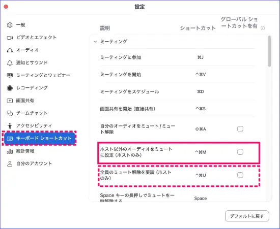 Zoom参加者のミュートショートカットキーMac