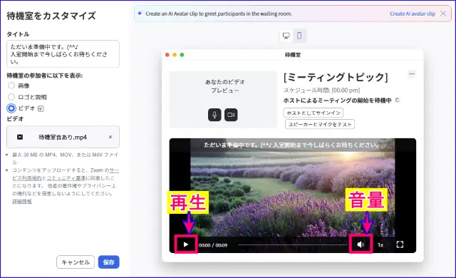 Zoom待機室のカスタマイズウィンドウのビデオ設置時のプレビュー操作方法