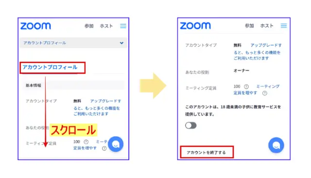 スマホZoomアカウント終了