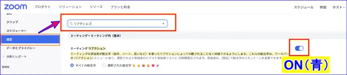 Zoomリアクションのweb設定での有効化