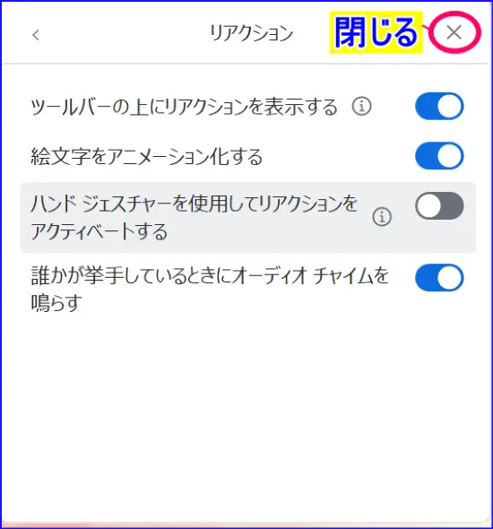 Zoomミーティング中のリアクション詳細設定画面