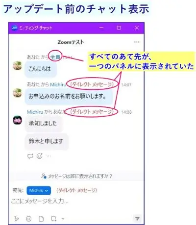 Zoomアップデート前のチャットパネル表示
