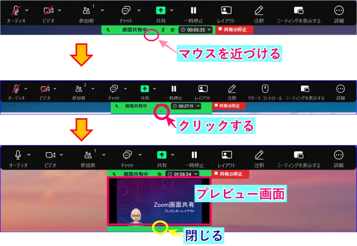 Zoom画面共有中のプレビュー画面の表示