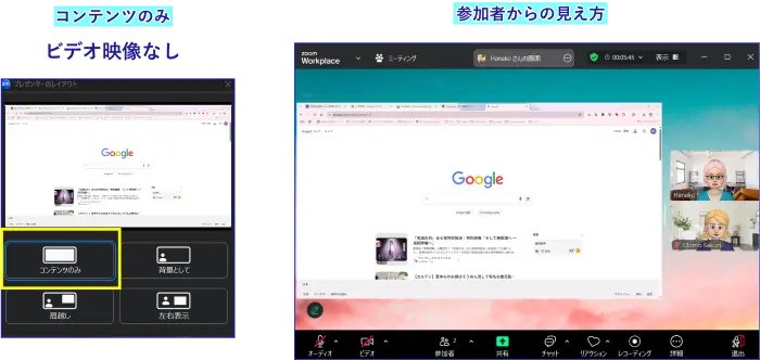 Zoomプレゼンターレイアウトコンテンツのみ