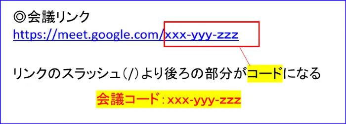 Google Meet会議リンクと会議コードの見方