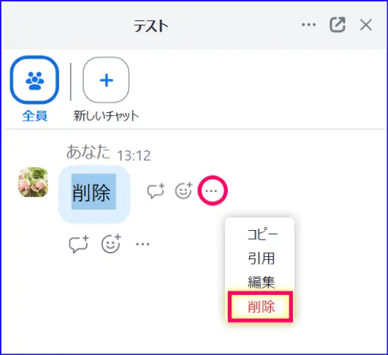 Zoomミーティングチャットメッセージ削除操作