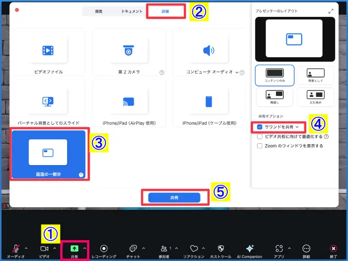 Zoom画面の一部分のサウンド共有