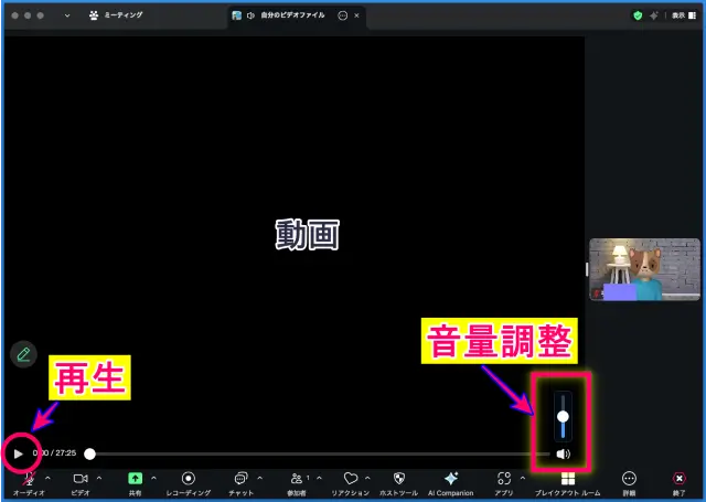Zoomビデオファイルの共有の再生と音量調整