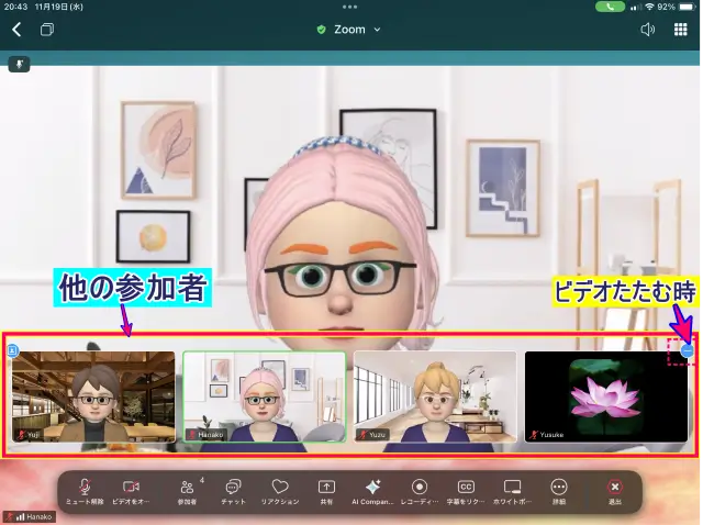 iPadZoomのビデオタイルの表示とマイナスをタップする