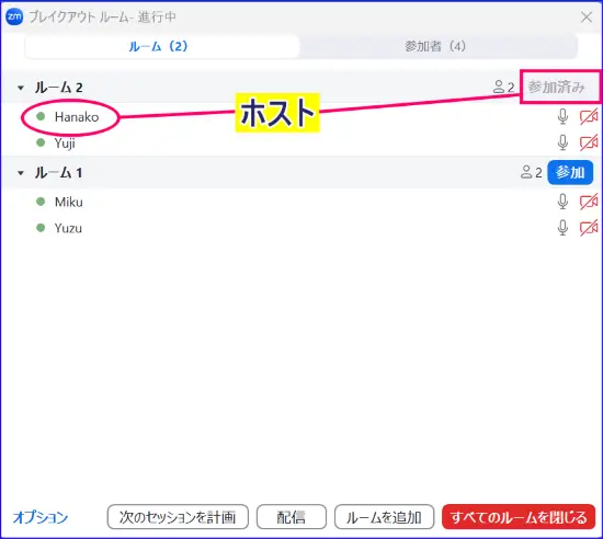 Zoomブレイクアウトルームにホストが参加した時の操作パネルの表示