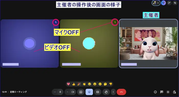 Google Meet会議中の主催ボタンのマイク、カメラをオフした場合
