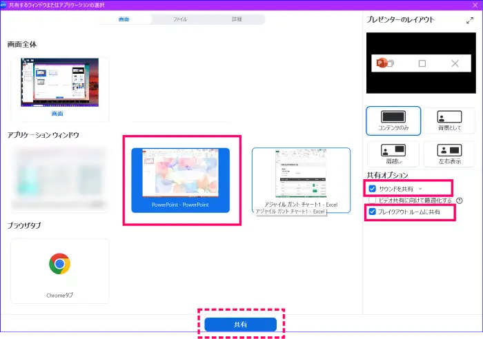 Zoom画面共有をブレイクアウトルームに向けて行う時のサウンドの共有