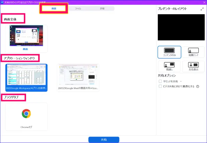 Zoom画面共有の操作パネル、画面を選択した時