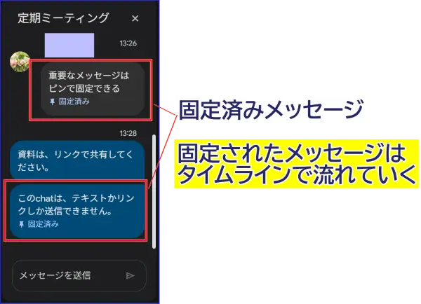 Google Meetチャットを複数固定した状態とタイムラインでの見え方