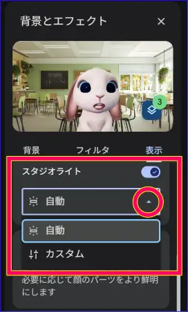 Google Meetスタジオライト設定画面