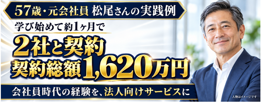 57歳・元会社員 松尾さんの実践例。約1ヶ月で2社と契約、契約総額1,620万円。人物はイメージです。