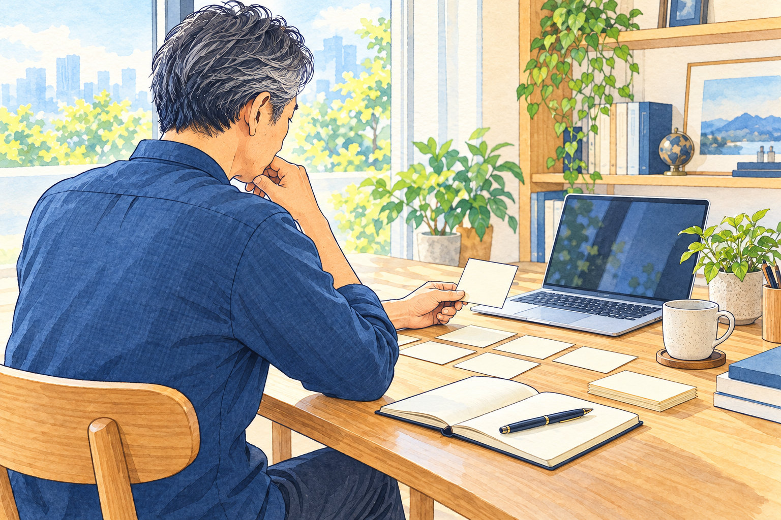 会社員時代の経験を書き出し、商品案を整理する場面のイラスト