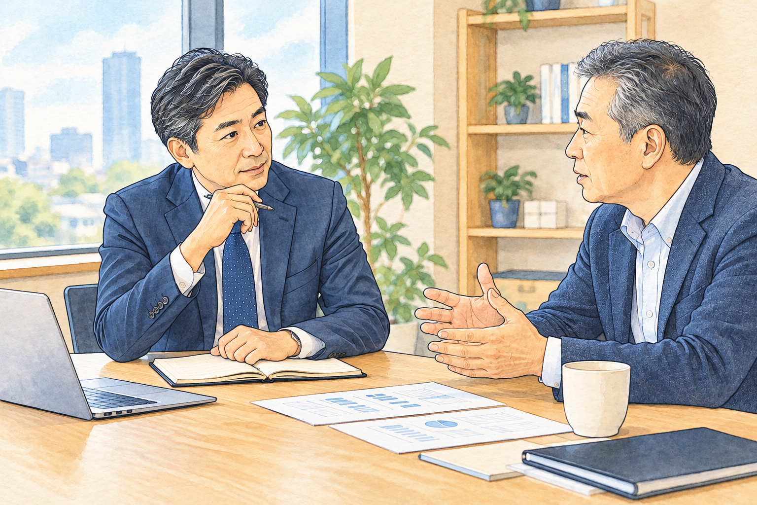 経営者の話を丁寧に聞き、課題を整理する相談場面のイラスト